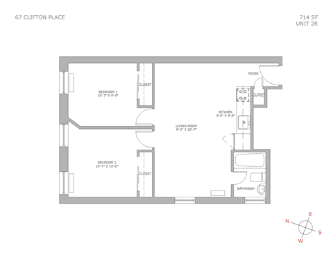 Floor plan for 2 beds, 1 bath, 700 sqft